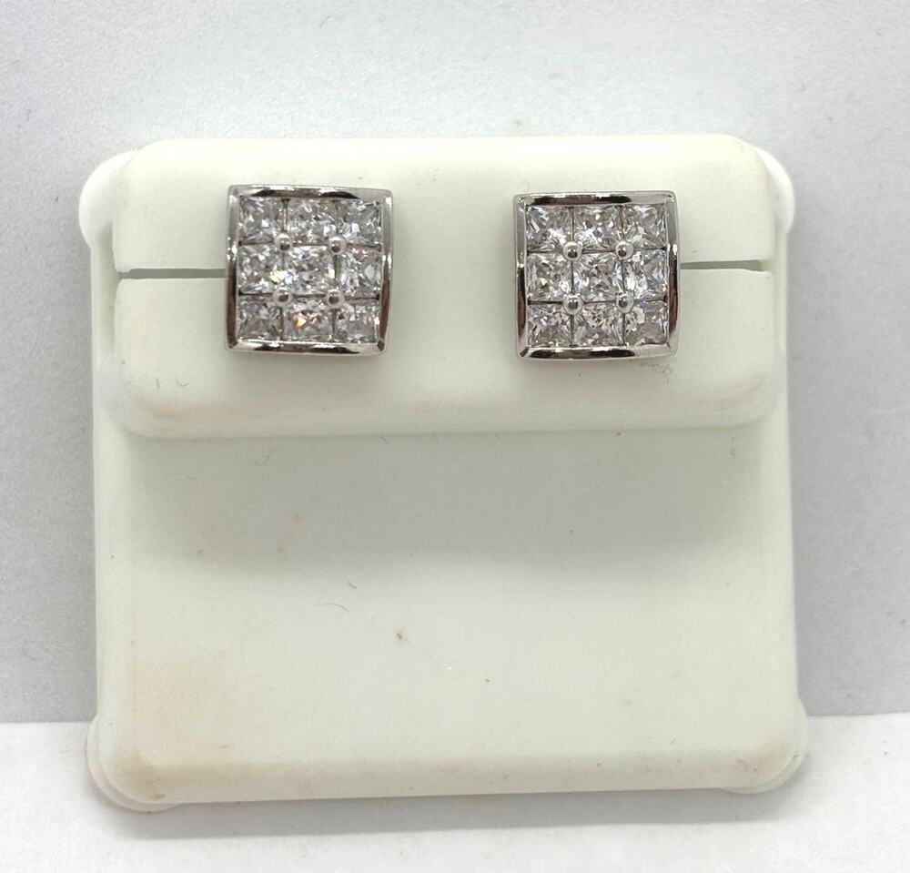 Mens 925 Solid Sterling Silver Square Kite CZ Ice Earrings Studs 9mm